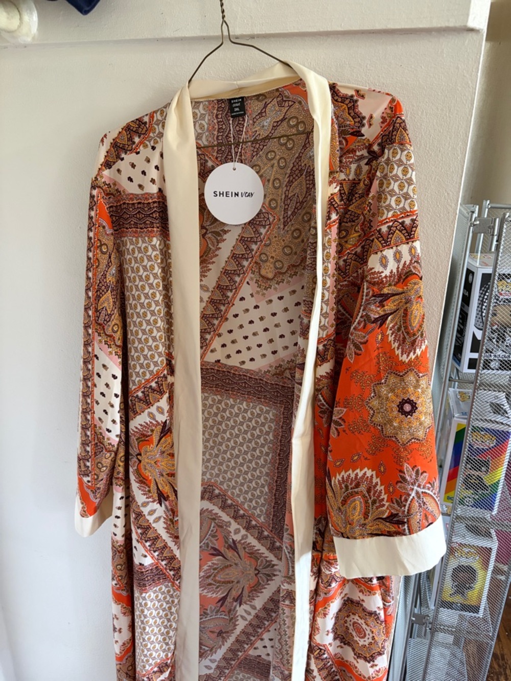 SHEIN Orange & Cream Paisley Patchwork Kimono with pants